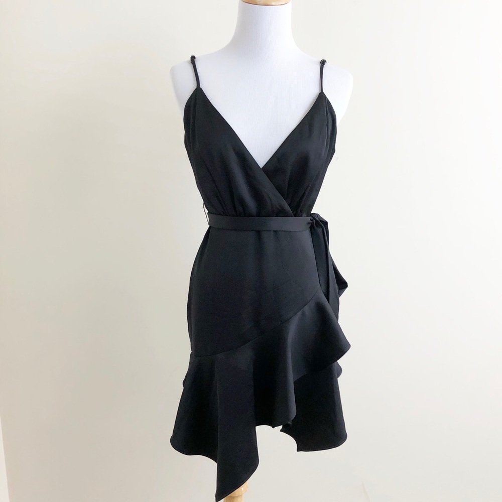 NBD Black Tiered Ruffle Waist Tie Mini Dress